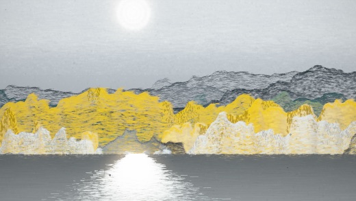 生涯 candidate #224, Nightfall, Tide palette, Ringed light over glittered water
