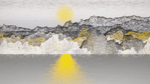 生涯 candidate #27, First Light, Sumi palette, Disc light over glittered water