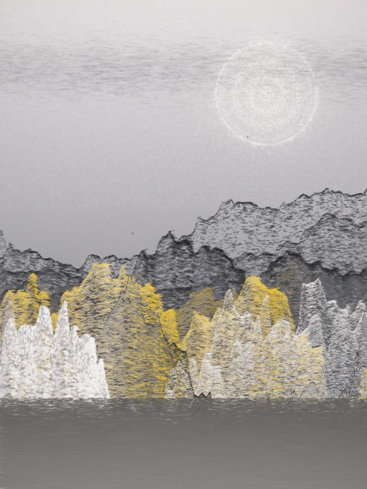 生涯 candidate #42, Nightfall, Sumi palette, Ringed light over still water