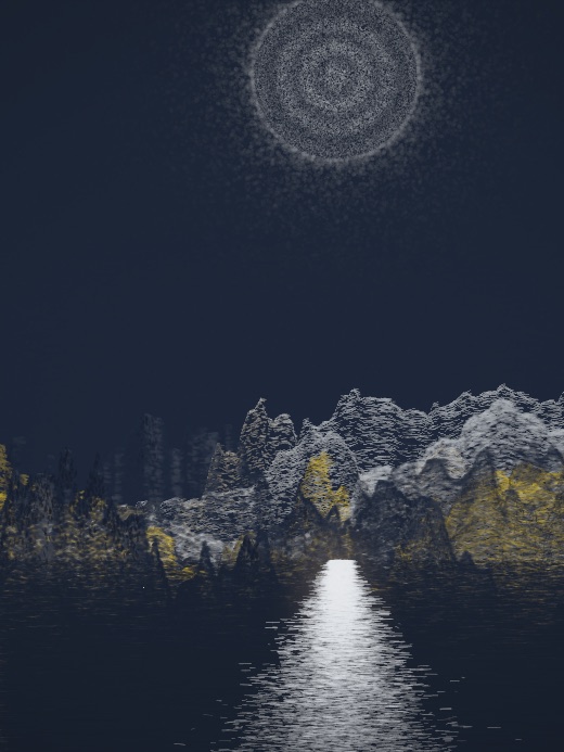 生涯 candidate #50, Nightfall, Esker palette, Ringed light over glittered water