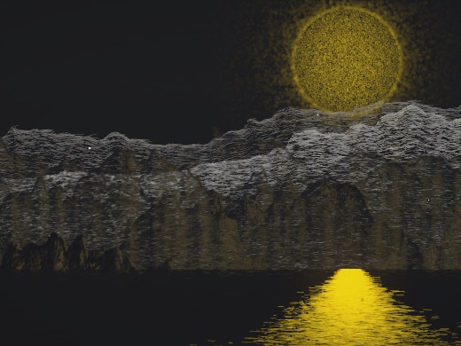 生涯 candidate #57, First Light, Sumi palette, Disc light over glittered water