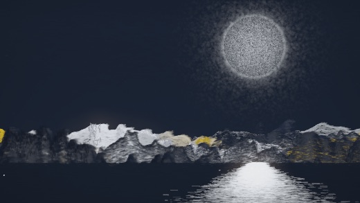 生涯 candidate #65, Nightfall, Esker palette, Disc light over glittered water