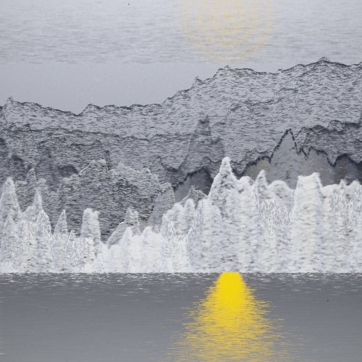 生涯 candidate #7, Nightfall, Esker palette, Ringed light over glittered water