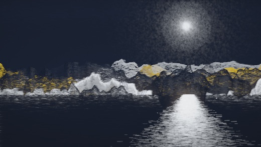 生涯 candidate #73, Nightfall, Esker palette, Veiled light over glittered water