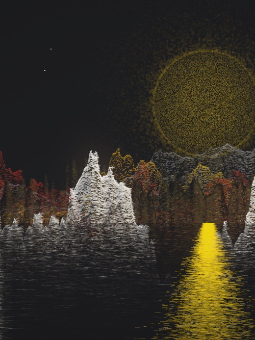生涯 candidate #74, First Light, Oxide palette, Disc light over glittered water