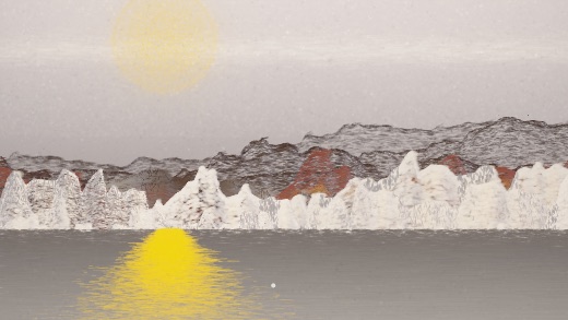 生涯 candidate #75, Full Day, Terra palette, Disc light over glittered water