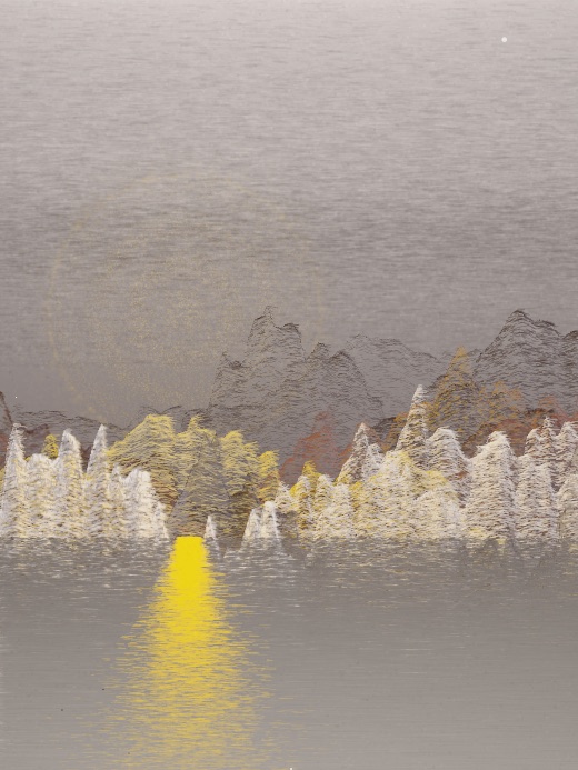 生涯 candidate #77, First Light, Terra palette, Ringed light over glittered water