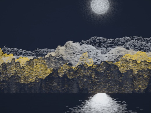 生涯 candidate #79, Nightfall, Esker palette, Disc light over glittered water