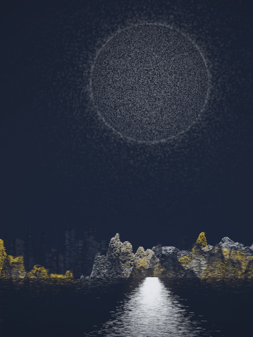 生涯 candidate #89, Nightfall, Esker palette, Disc light over glittered water