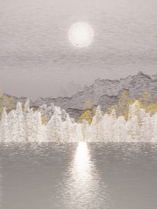 生涯 candidate #93, Nightfall, Terra palette, Disc light over glittered water