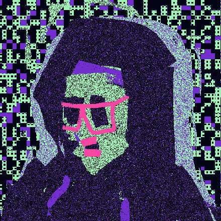 XCOPY's original Right-click and Save As guy at full resolution: a hooded figure with a green face and hot pink glasses, flickering against a field of purple and green glitch