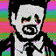 A man in a suit, mouth open, rendered in harsh black and white against bands of rainbow glitch
