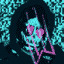 A teal and pink face with heart-shaped eyes, dissolving into a field of teal noise