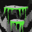 Two white forms dripping bright green against grey and black