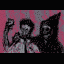Three figures crowded into frame in pink and grey, one raising a hand, one hooded